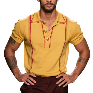 Men's Vintage Casual Striped Embroidered Cotton Short Sleeve Polo Shirt MTA2985E3TO