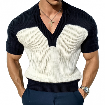 Men's Casual Contrast Color V-Neck Slim Fit Knitted Short Sleeve Sweater T-Shirt MTA1727C6M