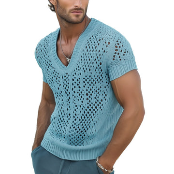 【24-hour shipping out】Men's Summer Fashion V-neck Knitted Mesh Breathable T-shirt MTA0240D7U