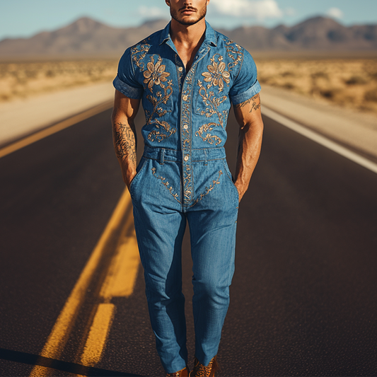 【24-hour shipping out】Men's Summer Fashion Casual Classic Western Style Tencel Denim Embroidered Jumpsuit MTA1244D2K