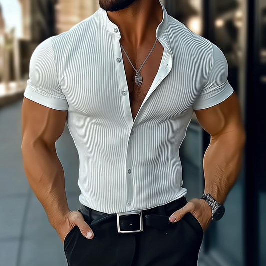 Men's Solid Striped Stand Collar Short Sleeve Shirt MTA1770D4Z