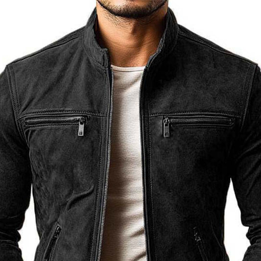 Veste en daim classique décontractée à col montant et fermeture éclair pour homme 21868311K