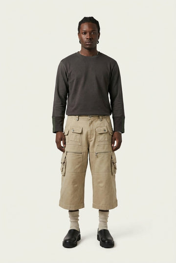 Men's Khaki Cotton Twill Multi-Pocket Cargo Pants Cropped Utility