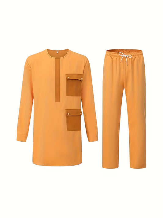 Mustard Yellow Contrast Men's Traditional Two-Piece Set