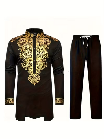 Black and gold embroidered top and pants set