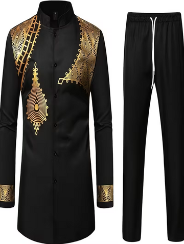 Black satin top and trouser suit