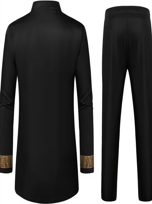 Black satin top and trouser suit