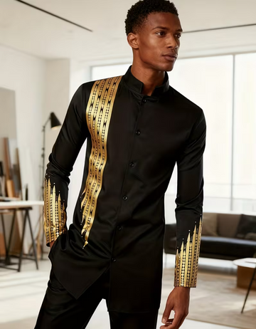 Black satin embroidered top and trousers suit