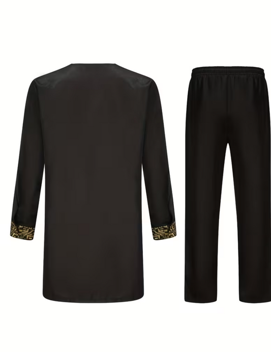 Gold-trimmed satin top and trousers suit