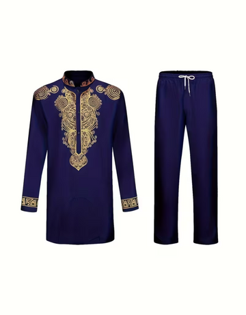Gold Tribal Pattern Embroidered Waist-cinching Top and Pants Set