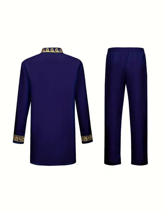 Gold Tribal Pattern Embroidered Waist-cinching Top and Pants Set