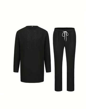 Black long-sleeved belted top and trouser suit