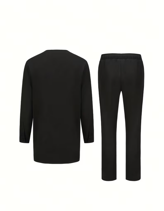 Black long-sleeved belted top and trouser suit