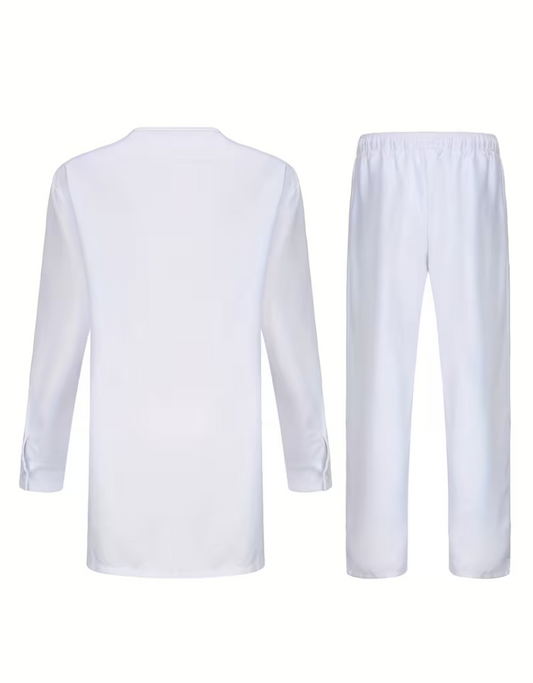 White long-sleeved top and trouser suit