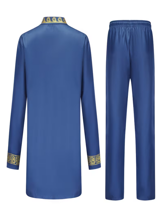 Royal Blue and Gold Embroidered Long-Sleeved Suit