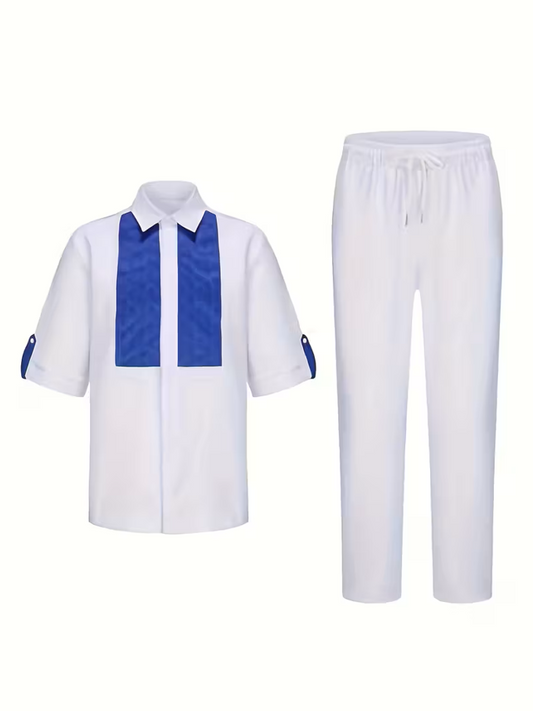 White and royal blue color-blocked short-sleeved suit