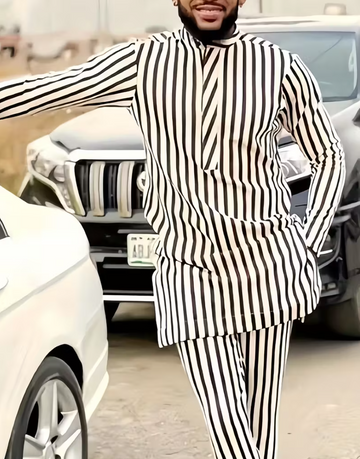 Black and white striped long-sleeved suit