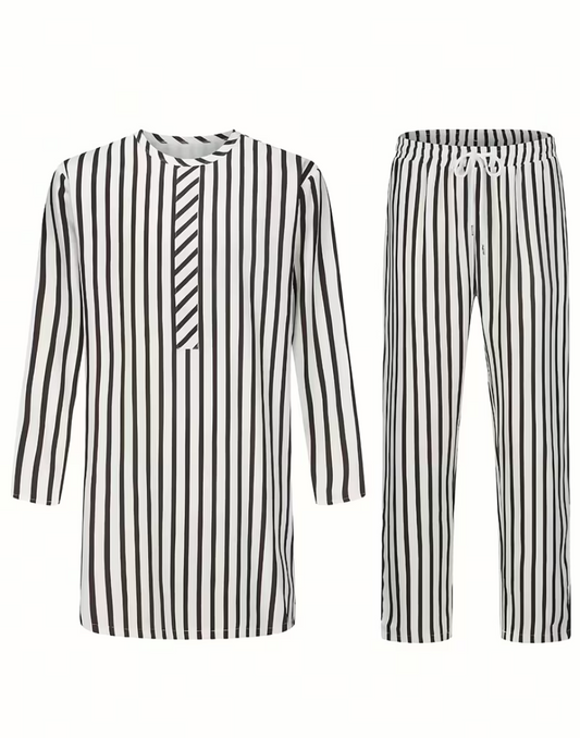 Black and white striped long-sleeved suit
