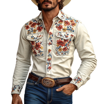 【24-hour shipping out】Men's Western Cowboy Style Embroidered Lapel Chest Pocket Long Sleeve Cotton Shirt 42207261Z