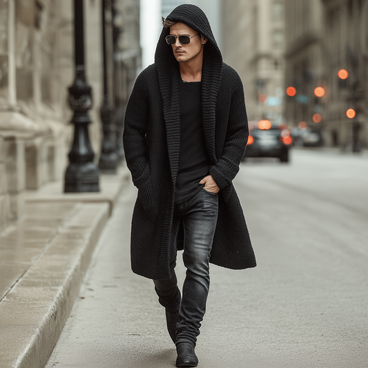 Men's Autumn And Winter Fashion Solid Color Cotton Yarn Knitted Long Hooded Cardigan MTA2378I9P