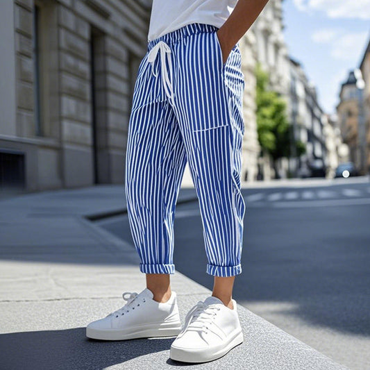【24-hour shipping out】Men's Casual Cotton Blend Striped Elastic Waist Tapered Pants MTA1006D9M
