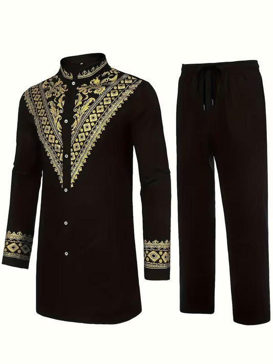 Chocolate Brown And Gold Embroidered Men's Casual Formal Set
