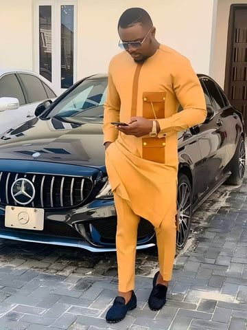 Mustard Yellow Contrast Men's Traditional Two-Piece Set