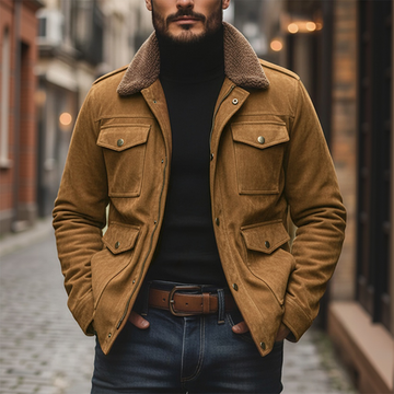 Manteau à fermeture éclair multi-poches en patchwork avec col en polaire et daim vintage pour homme 99704034M