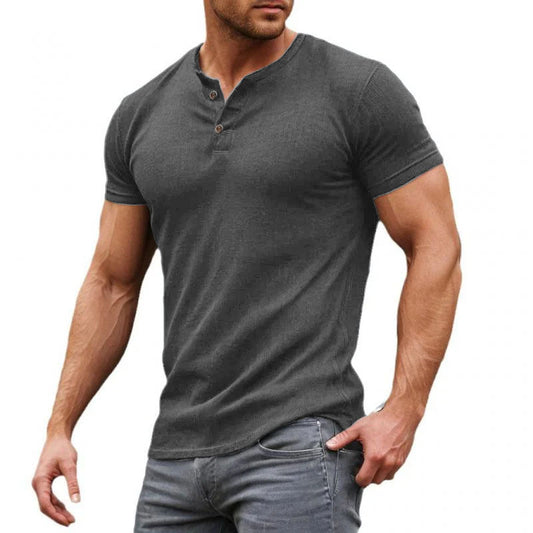 T-shirt décontracté à manches courtes et col Henley en mélange de coton uni pour homme 32673533M