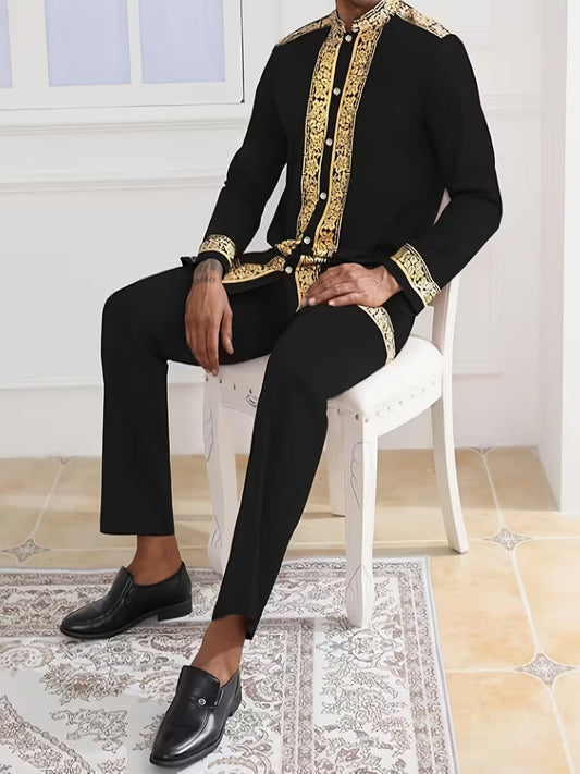 Black And Gold Ornate Scroll Men's Traditional Two-Piece Set