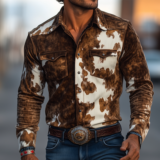 Men's Retro Casual Western Style Cow Print Suede Lapel Long Sleeve Shirt MTA1964H9TO