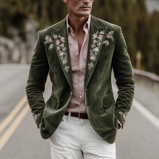 Men's Classic Retro Western Style Suede Embroidered Single-breasted Blazer MTA1278H1K
