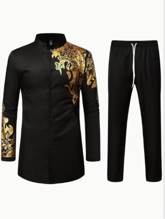 Black And Gold Dragon Pattern Men's Traditional Two-Piece Set