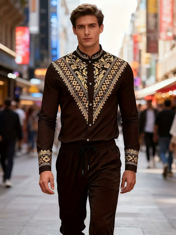 Chocolate Brown And Gold Embroidered Men's Casual Formal Set