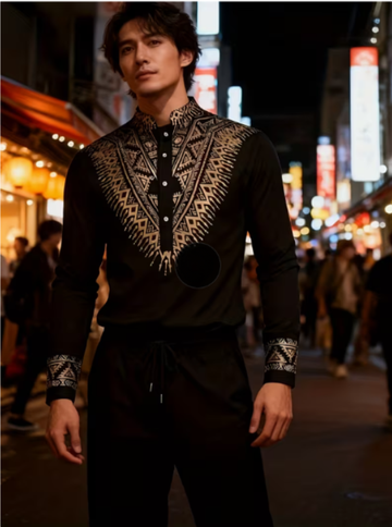 Black And  Metallic Geo-Embroidered Men's Casual Formal Set