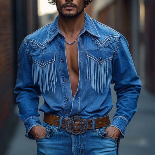【24-hour shipping out】Men's Retro Western Cowboy Tassel Stitching Denim Long Sleeve Shirt 10742814U
