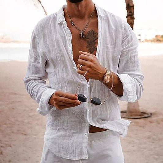 Chemise décontractée à manches longues en coton et lin pour homme, couleur unie, 76098441M