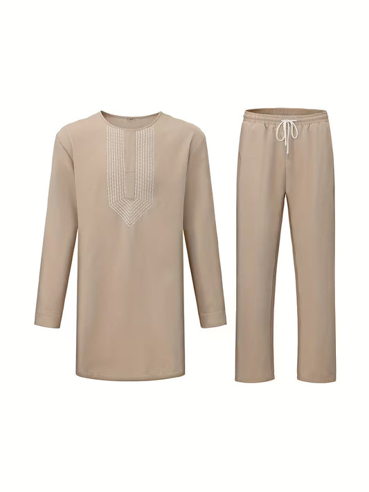 Beige And Silver Geometric Embroidered Men's Traditional Two-Piece Set