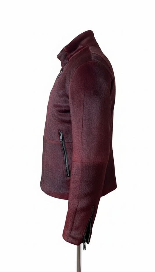 Burgundy Haircalf Leather Stand-Collar Jacket