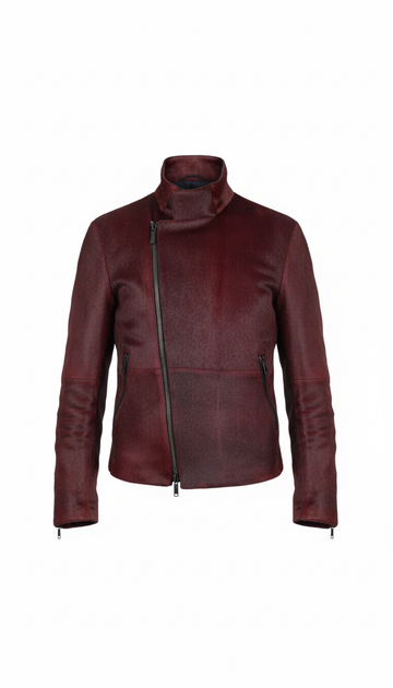 Burgundy Haircalf Leather Stand-Collar Jacket