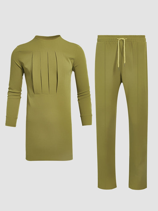 TACOHEAL Plus Size Casual Plain Green Folded Design Men's Set