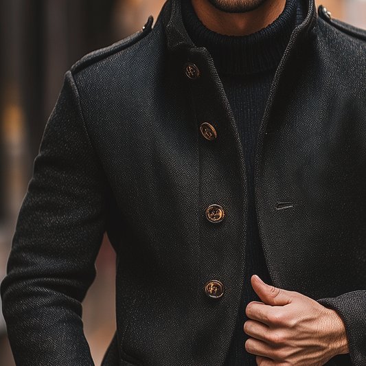 Men's Blended Stand Collar Single-breasted Slim Fit Solid Color Jacket MTA2839I6X