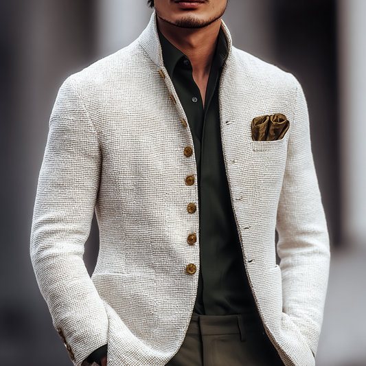 Men's Solid Tweed Stand Collar Single Breasted Casual Jacket MTA2939H6Z