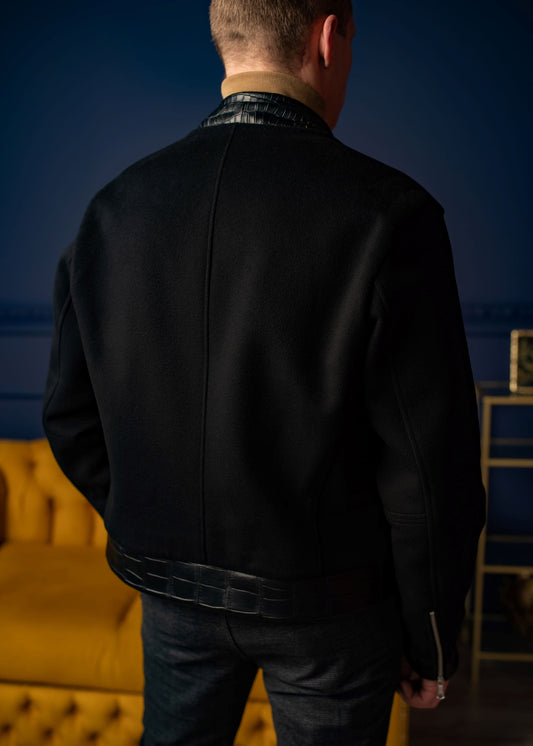 Croc-Textured Hybrid Leather Jacket– Slim Fit
