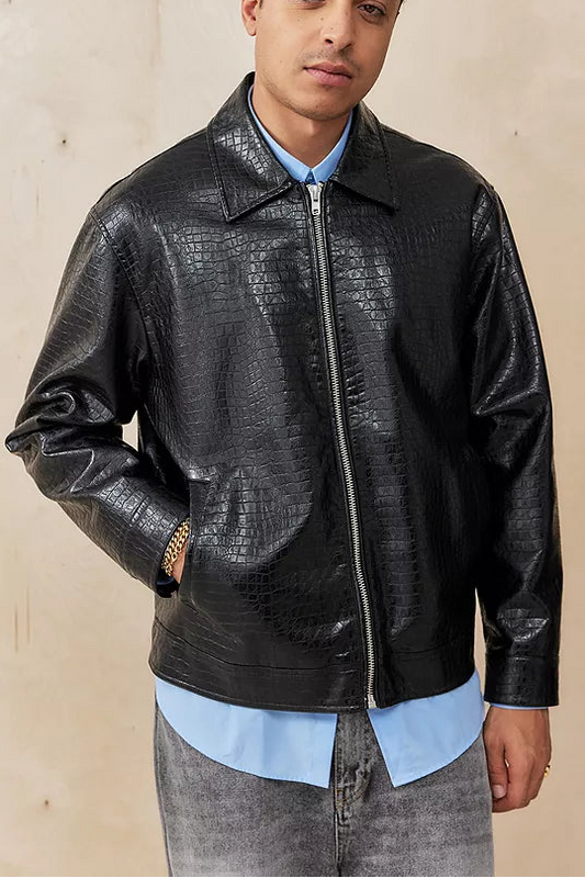 Textured Leather Zip Jacket