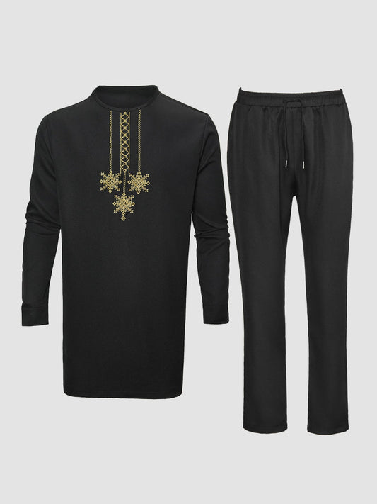 TACOHEAL Plus Size Long Sleeve Embroidery Men's Casual Set