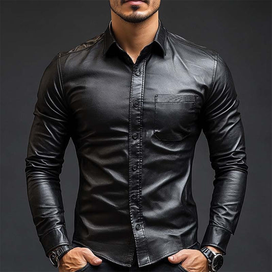 Chemise à manches longues en cuir pour homme, coupe slim, classique et décontractée, 79897850K