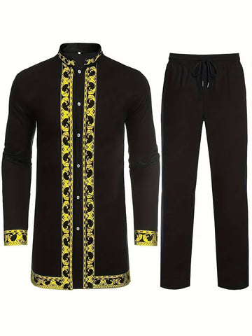 Black AndGold Baroque Pattern Men's Two-Piece Set