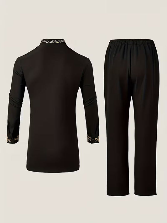 Black And Gold Regal Button Men's Traditional Two-Piece Set