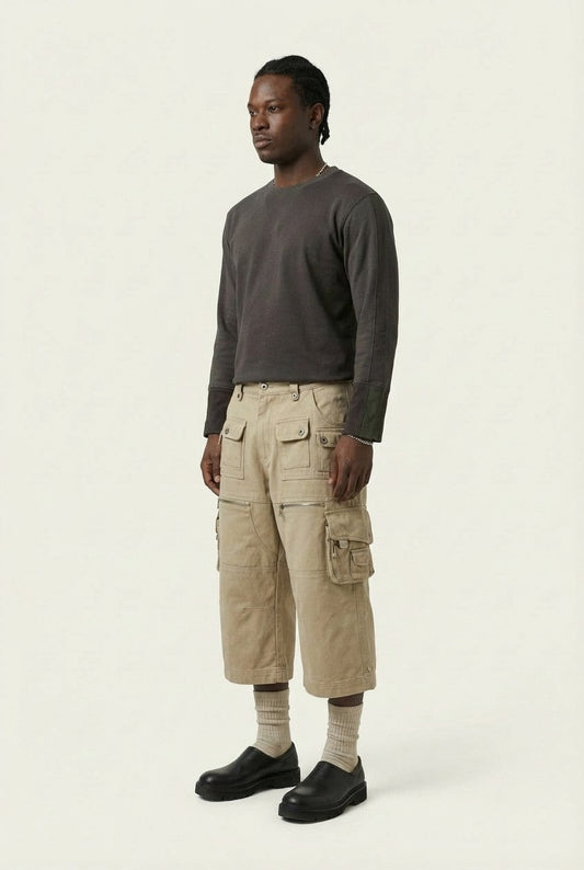 Men's Khaki Cotton Twill Multi-Pocket Cargo Pants Cropped Utility